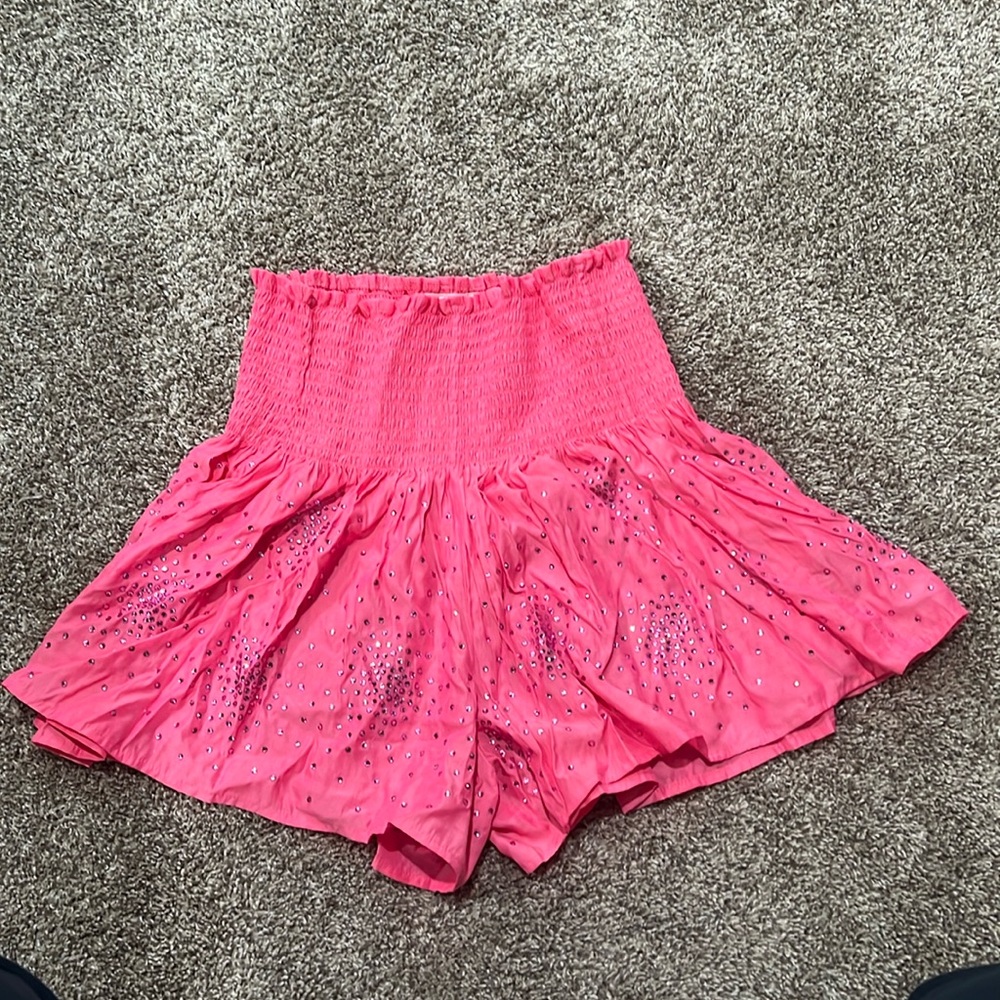 QUEEN OF SPARKLES Hot Pink Embellished Smocked Waist Shorts